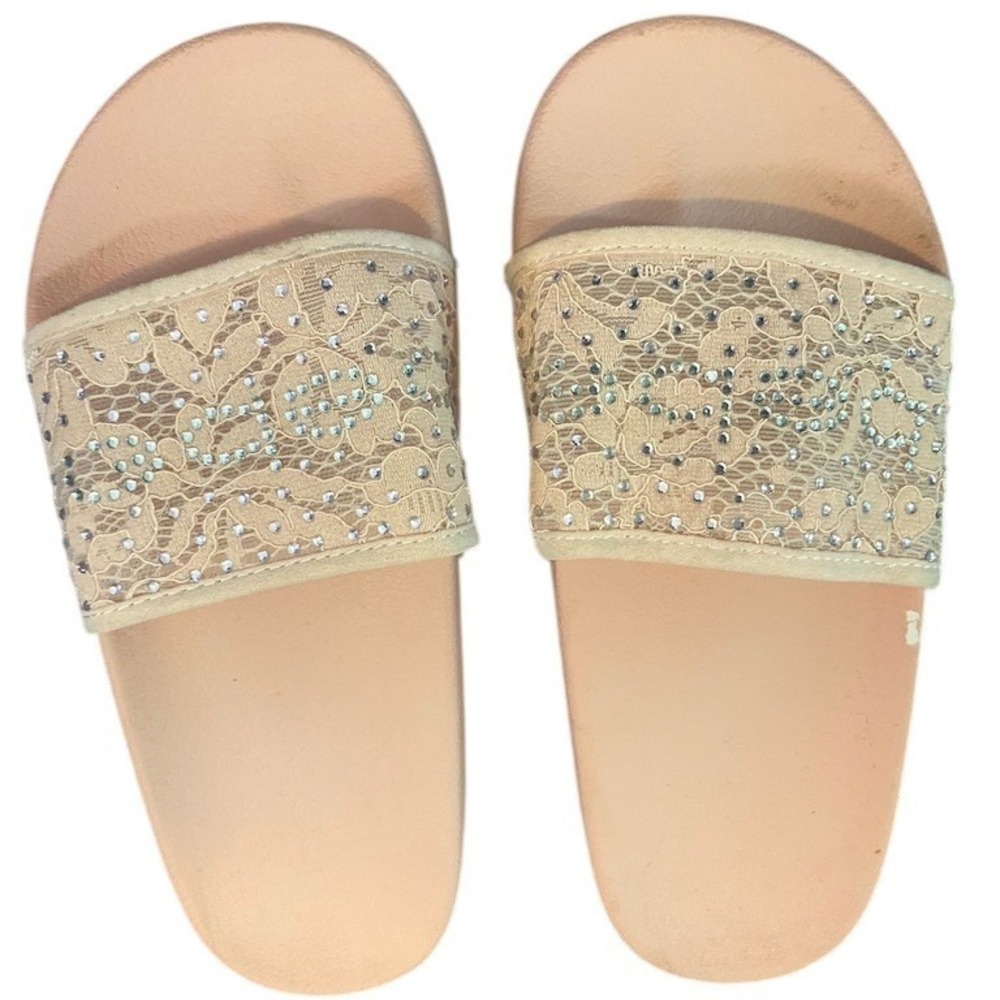 bebe Girls Slide Sandals Beige Lace Rhinestone Bling Slip-On Size‎ 6